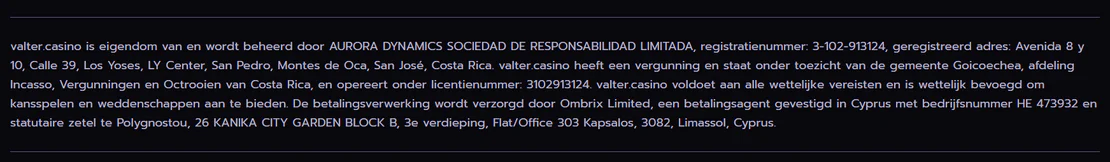 valtercasino casino licentie